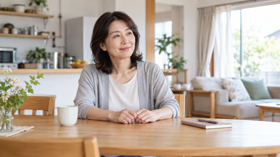 家事の合間にテーブルで手を休める女性の説明用イメージ