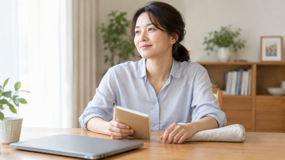 前腕をタオルに置き、ノートを手にして休む女性の説明用イメージ