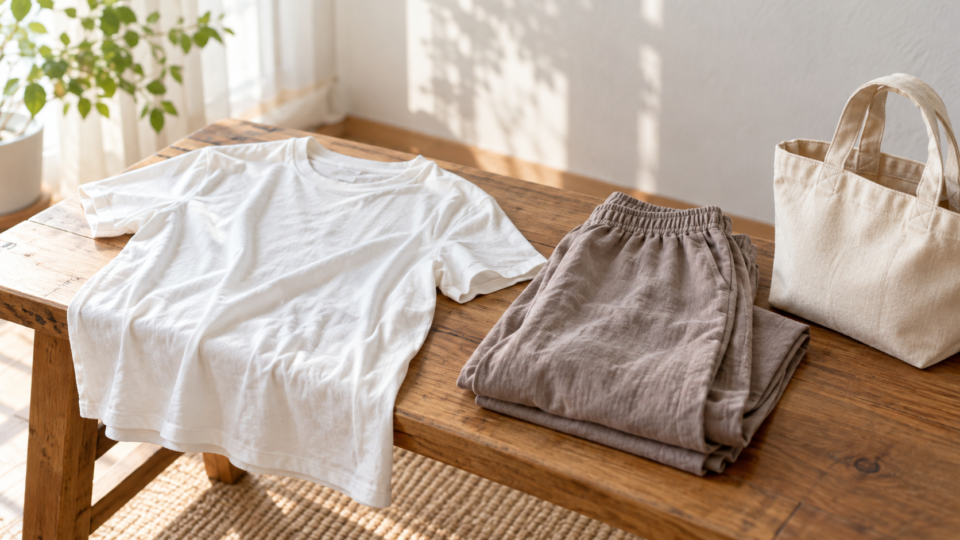 Tシャツとズボン、布製バッグを並べた着替え準備のイメージ