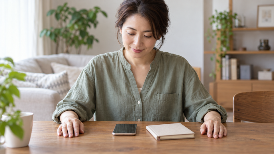スマートフォンとノートを前に来院前の確認をする女性のイメージ
