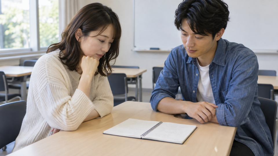 教室でノートを見ながら相談する二人の説明用イメージ