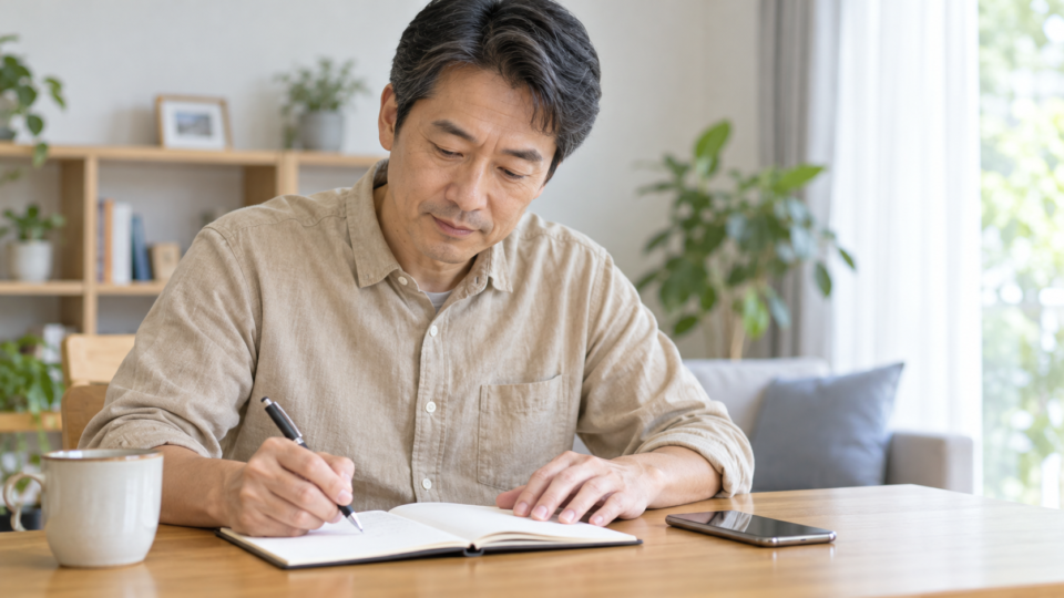経過をノートへ記録する男性の説明用イメージ