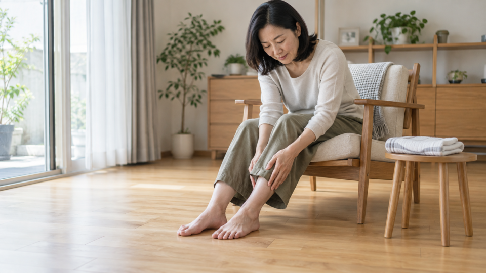 椅子に座って足元を確認する女性の説明用イメージ