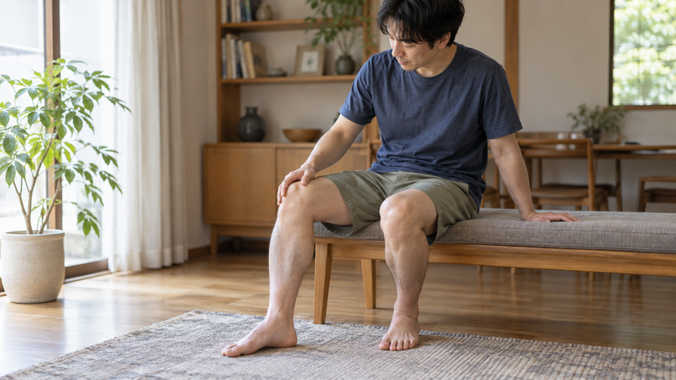 運動を始める前に座って膝の状態を確認する成人男性の説明用イメージ