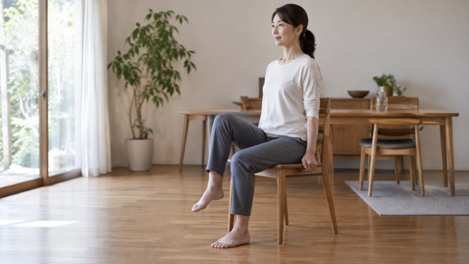 椅子の座面を支えながら片膝を上げる女性の説明用イメージ