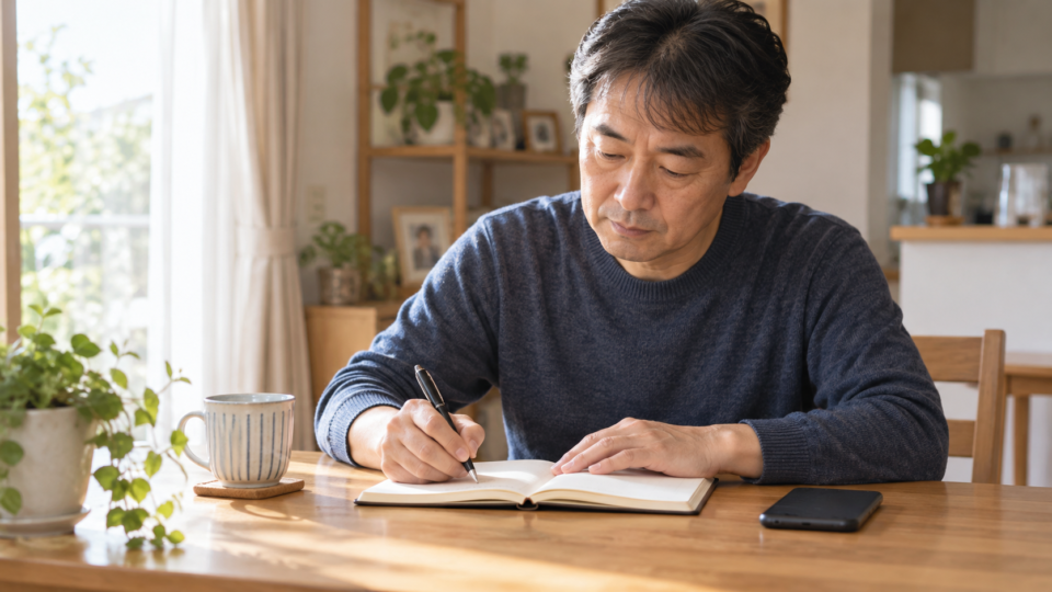 症状や生活への影響をノートに記録する成人男性の説明用イメージ