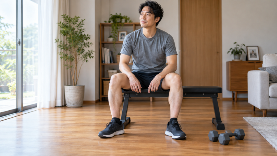 運動の合間にベンチで休む男性の説明用イメージ
