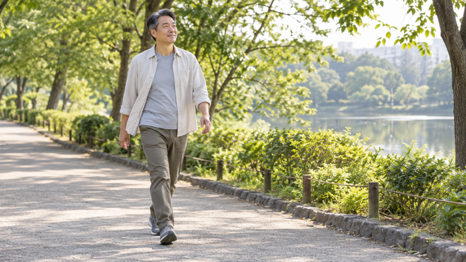 平らな公園の道を歩く男性の説明用イメージ