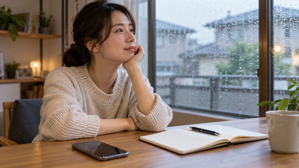 ノートとスマートフォンを机に置いて考える女性の説明用イメージ
