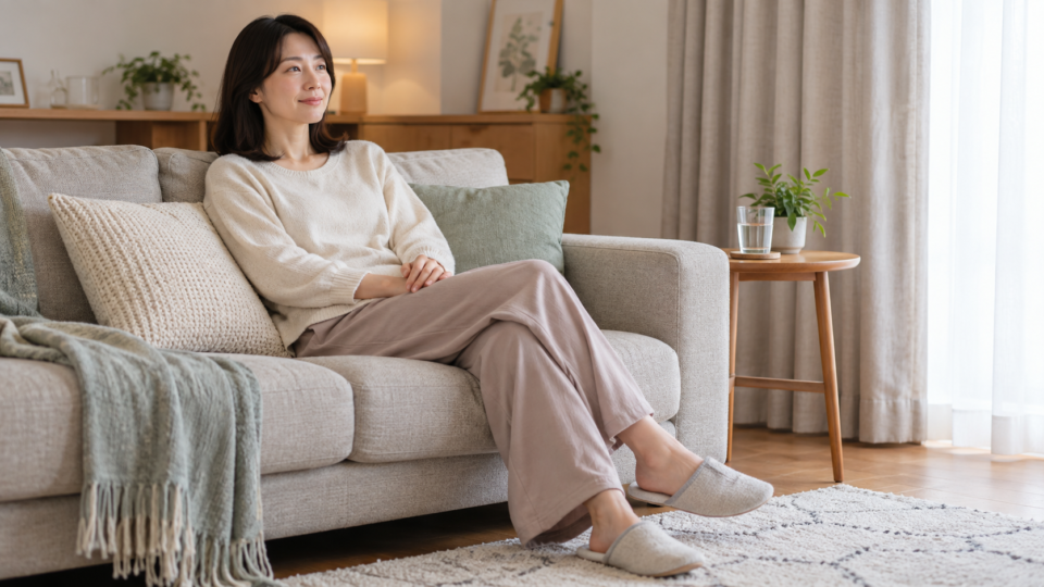 静かな室内のソファで休む女性の説明用イメージ