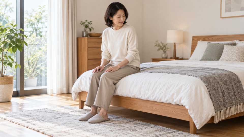 ベッドの端に座り使い心地を考える女性の説明用イメージ