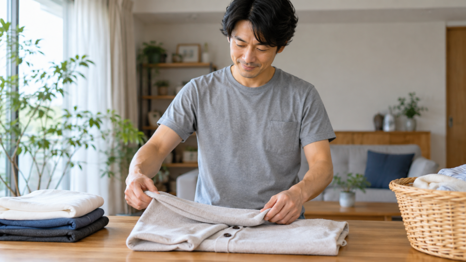 テーブルで衣類をたたむ男性の日常動作の説明用イメージ