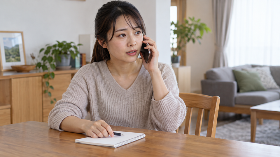 自宅でノートを用意し電話で相談する女性の説明用イメージ
