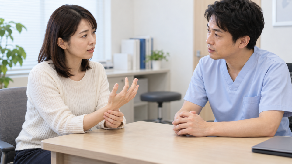 手の症状について相談する場面の説明用イメージ
