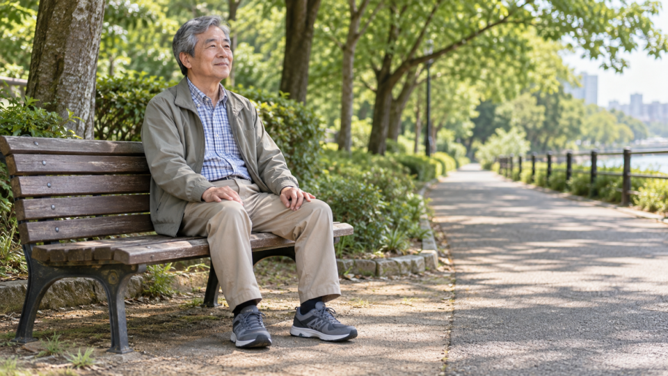 歩道沿いのベンチで休憩する男性の説明用イメージ