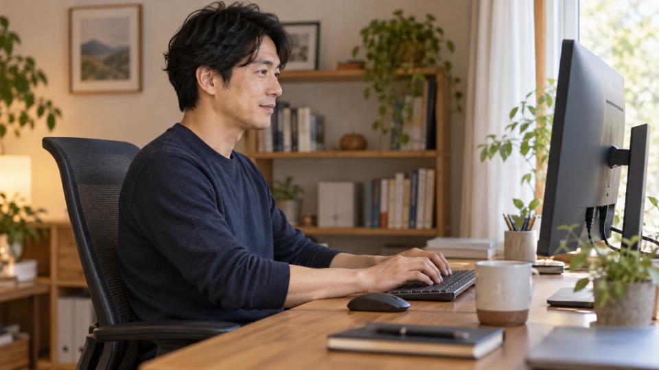 机と画面の配置を考える作業場面のイメージ
