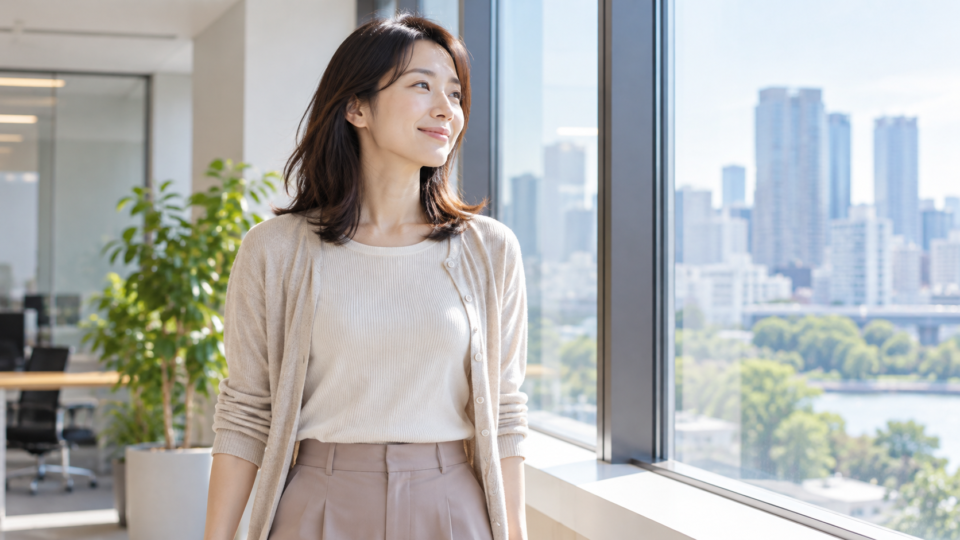 オフィスで作業の合間に休憩する女性のイメージ