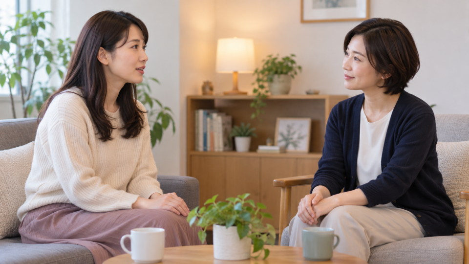落ち着いた場所で相談する二人の説明用イメージ