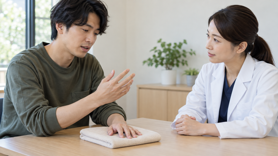 指の状態について相談する二人のAI生成イメージ