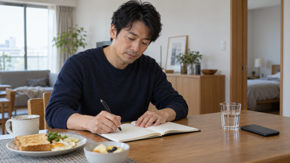 テーブルでノートにメモを書いている男性のAI生成イメージ