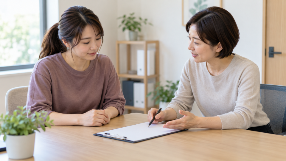 机を挟んで書類を見ながら話す二人の女性のAI生成イメージ