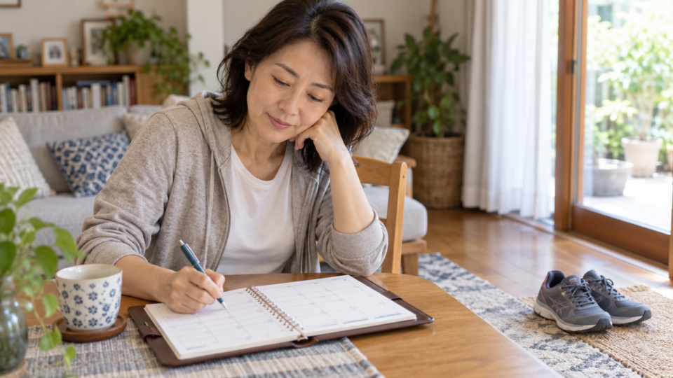 自宅で予定表にメモを書く女性と床に置いた運動靴のAI生成イメージ