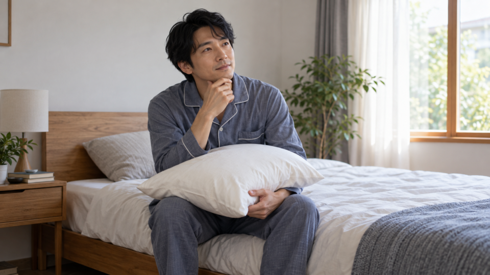 ベッドの端に座り枕を持つ成人男性のAI生成イメージ