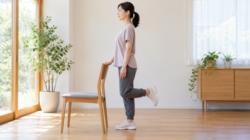 椅子の背に手を添え、片方の膝を曲げて立つ女性のAI生成イメージ
