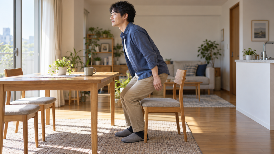 自宅の椅子から立ち上がる男性を横から見たAI生成イメージ