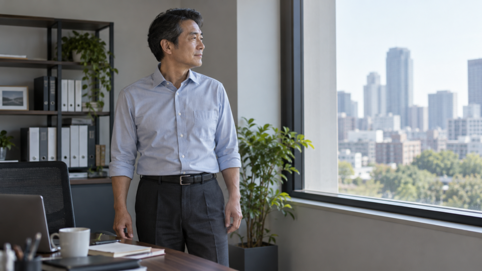 机のそばで立って休憩する男性のAI生成イメージ