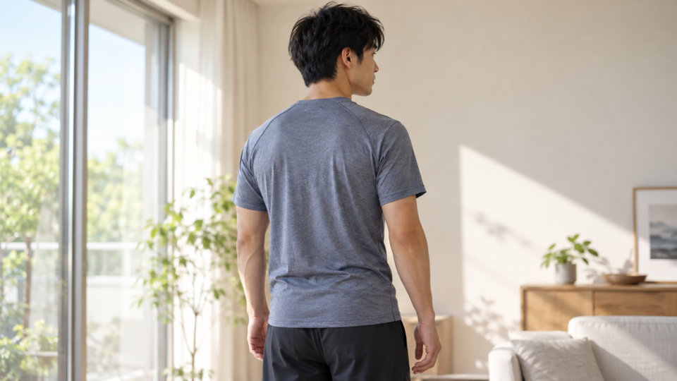 肩を自然に下ろして立つ男性の後ろ姿のAI生成イメージ