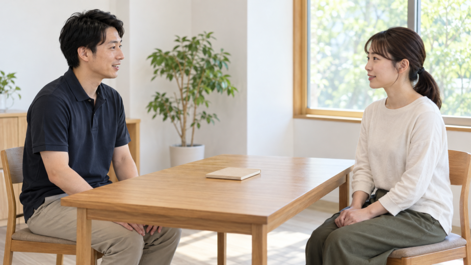 肩の動きについて相談する二人のAI生成イメージ