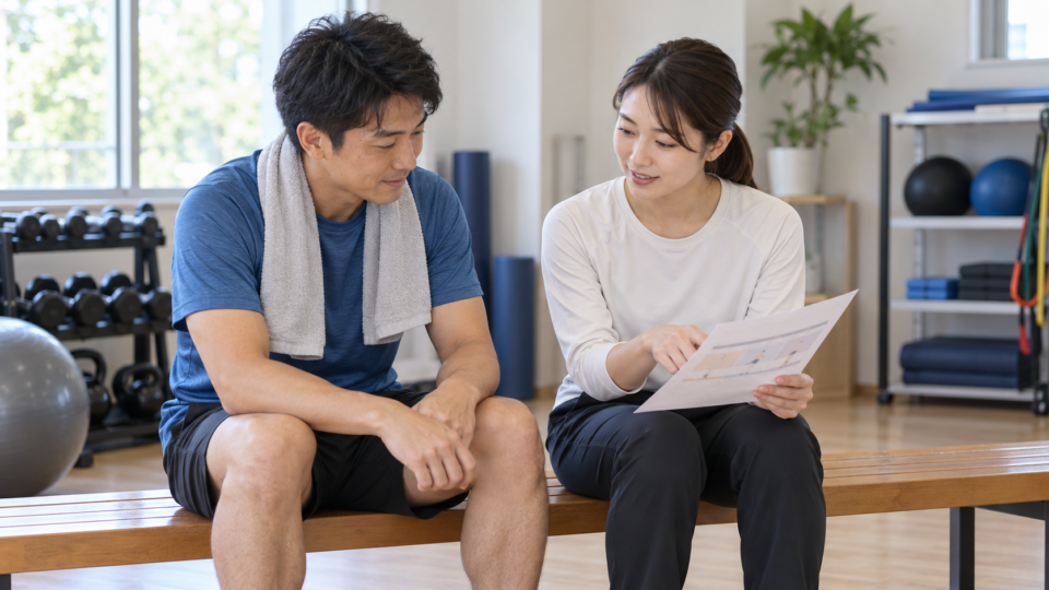運動計画の紙を一緒に確認する男女のAI生成イメージ