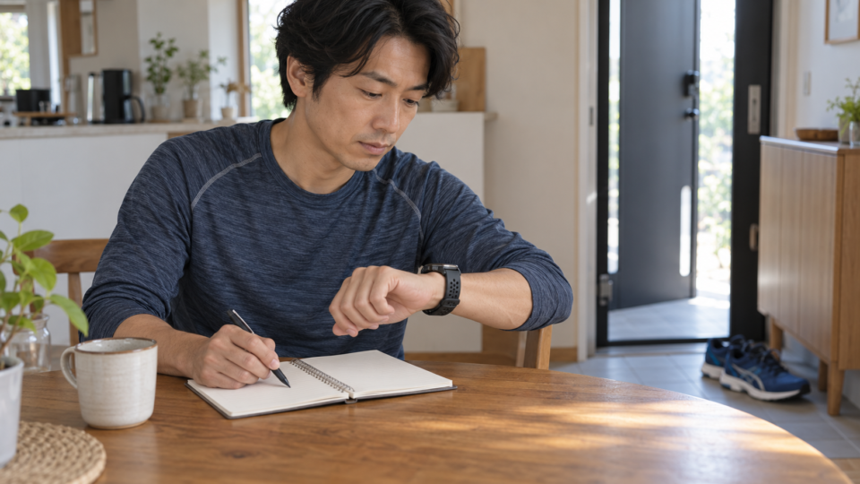 運動後の記録をノートに書く男性のAI生成イメージ