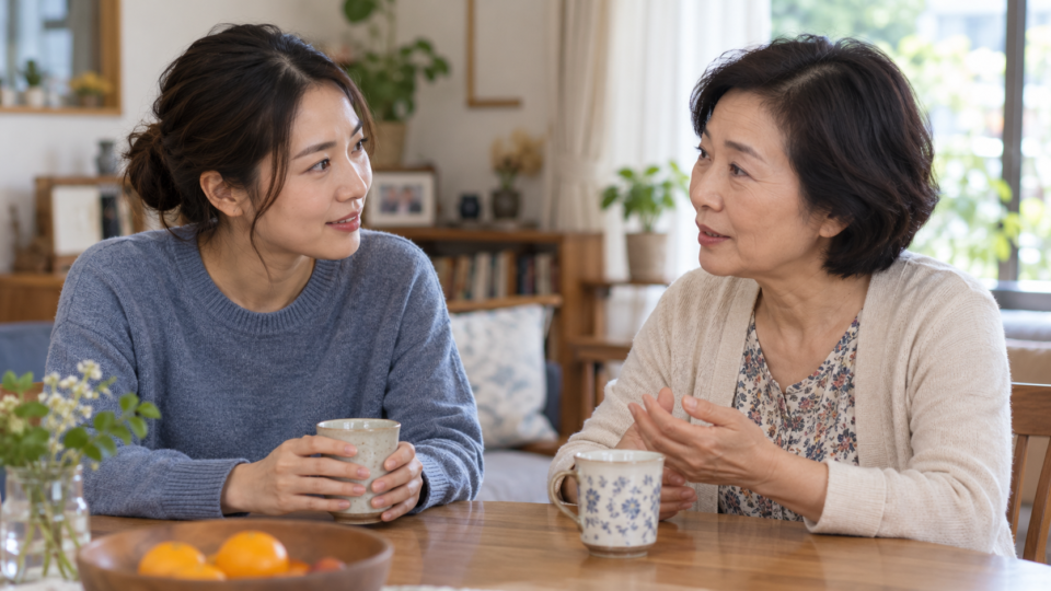 自宅で話をする異なる世代の女性のAI生成イメージ
