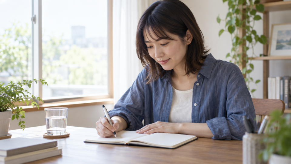 相談したいことをノートに書く女性のAI生成イメージ