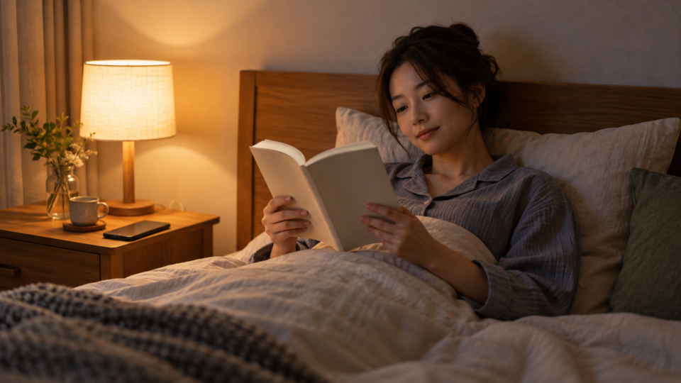 寝室で紙の本を読み、脇の机にスマートフォンを置いた女性
