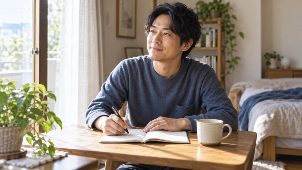 朝の光が入る部屋で、睡眠についてノートに記す男性