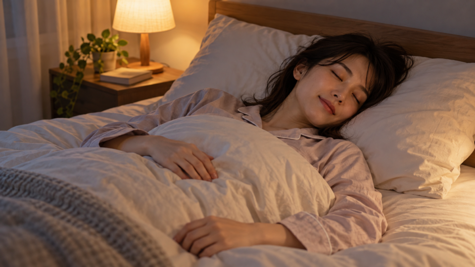 穏やかな照明の寝室で、布団をかけて横になる女性