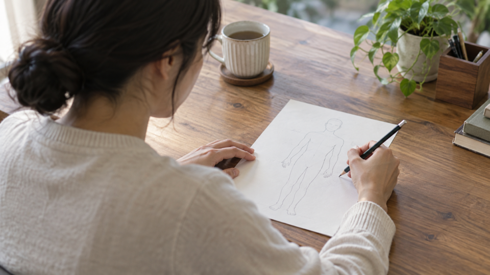 体の簡単な輪郭が描かれた紙に印をつける女性