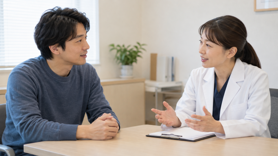 診察室をイメージした場所で、白衣の女性に相談する男性