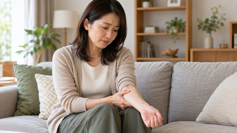 自宅で前腕へ軽く手を添える女性