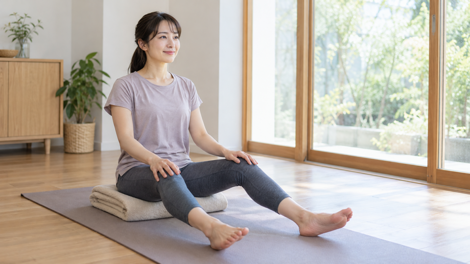 敷物の上で膝を少し曲げ、無理のない幅で脚を開いて座る女性