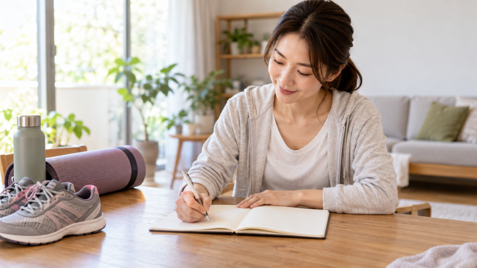 机で運動と症状のメモを書く女性