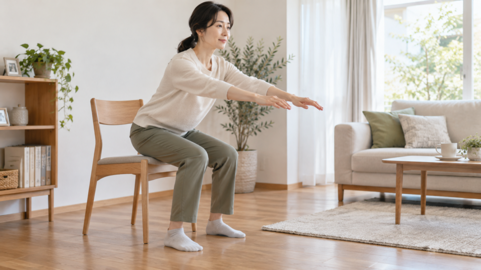 椅子の前で膝を曲げ、両腕を前へ伸ばす女性