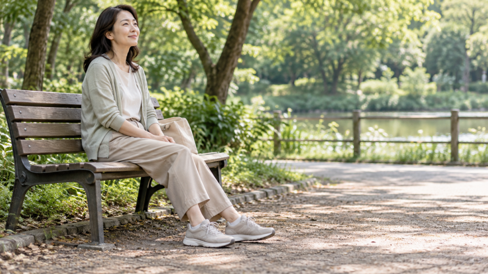 公園のベンチで歩行の合間に休む女性
