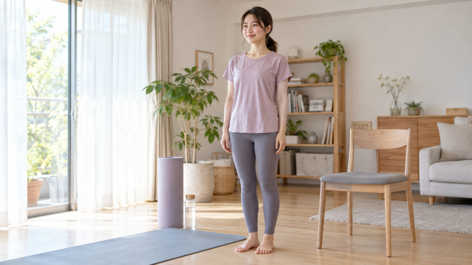 椅子と運動マットのそばに自然な姿勢で立つ女性