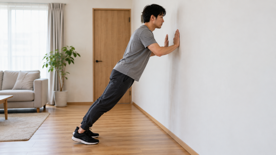 壁へ両手をつき、壁を使った腕立て伏せをする男性の横姿