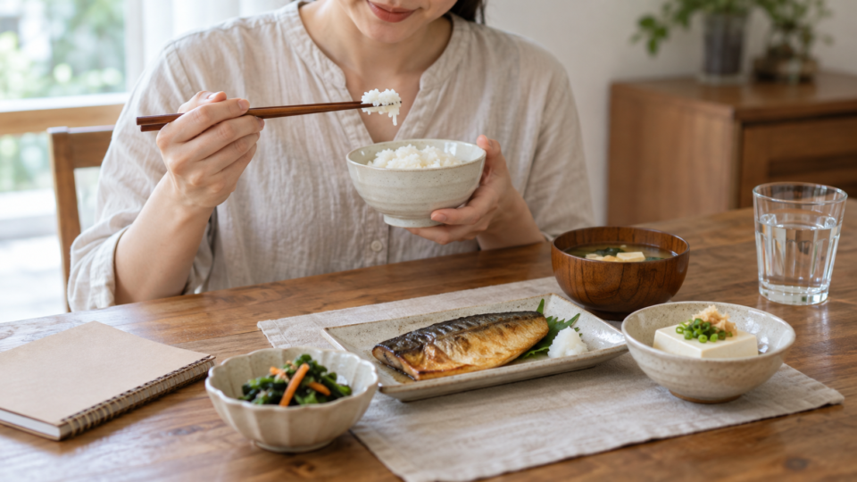 ご飯、魚、野菜、豆腐のある食卓で箸を持つ女性の手