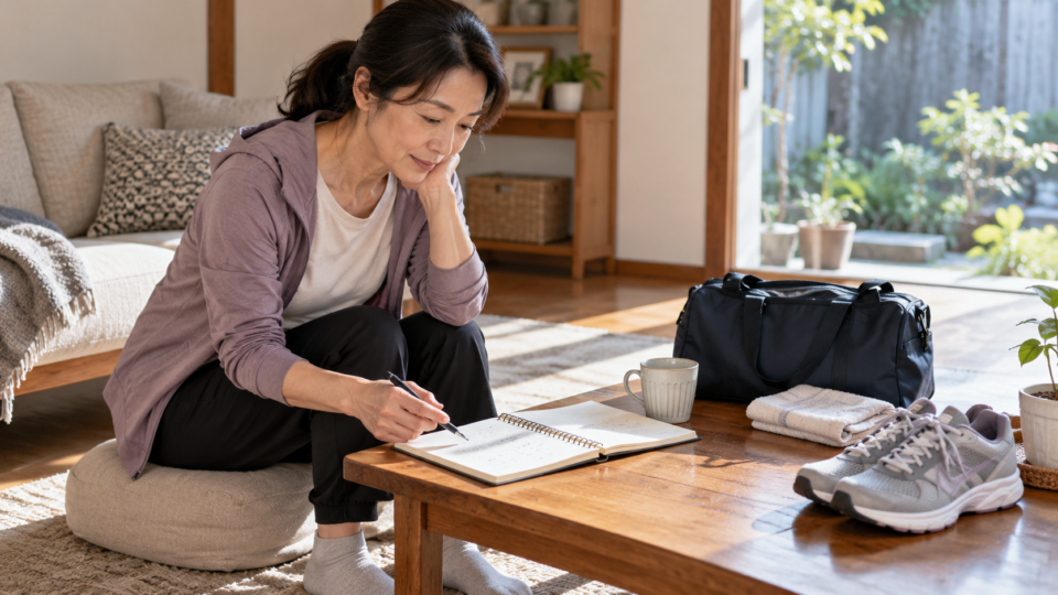 運動靴やバッグのある机でノートに記録する女性